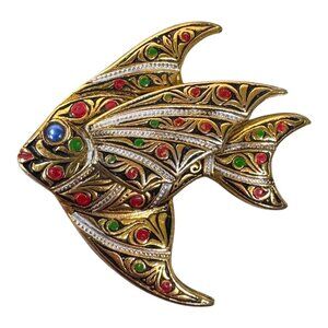 Vintage Damascene Spain Tropical Angel Fish Brooch Pin Intricate Gemstone Design